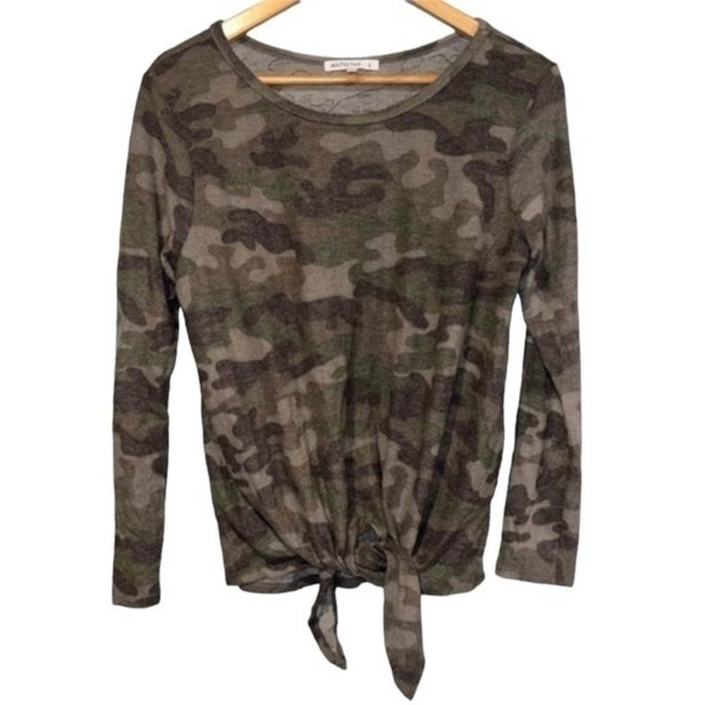NWOT Antistar Womens Camo Long Sleeve Front Tie Knot Top Green Brown Large‎ #8